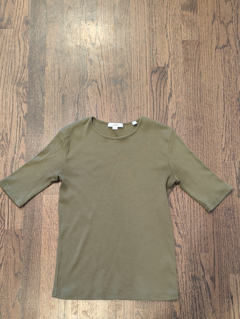 VINCE: Ribbed Olive Green Short-Sleeve Top